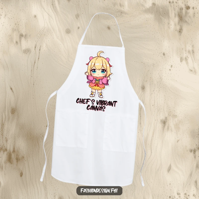 Funny Apron: Character proudly displaying a colorful, uniquely designed outfit, ideal for kitchen creativity and flair.