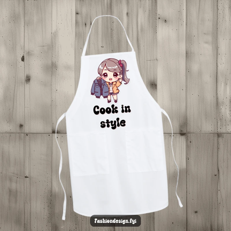 Funny Apron: Stylish character excitedly holding up a new fashionable garment, ideal for kitchen fun and fashion.