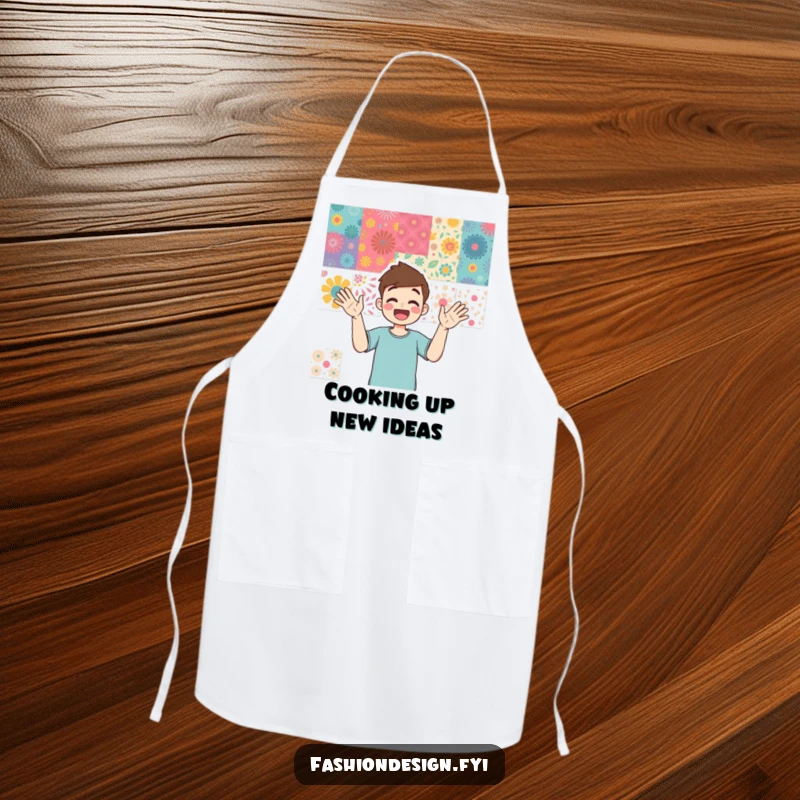 Funny apron depicting an excited person gesturing towards a mood board of vibrant patterns, ideal for a creative cook.