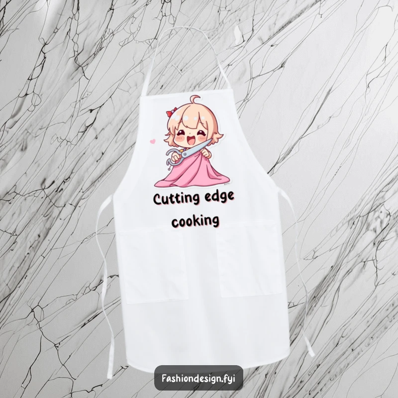 Funny apron with a playful character excitedly cutting fabric with large scissors, perfect for sewers and crafters.