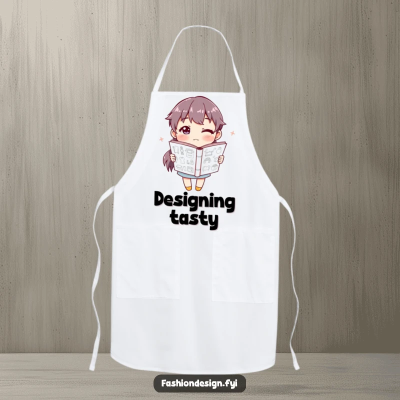 Funny Apron showing a winking character holding a sketchbook filled with designs, perfect for artists and crafters.