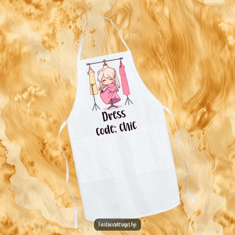 Funny apron featuring a determined character efficiently draping fabric on a mannequin, ideal for sewing or crafting.
