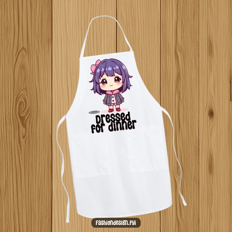 Funny apron with a beaming character admiring a colorful mannequin, adding a touch of fashion to kitchen tasks.