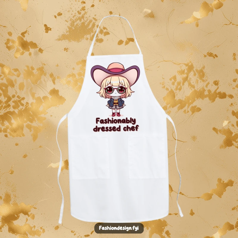 Funny apron showcasing a proud fashionista character with a dramatic hat, perfect for adding style to kitchen tasks.