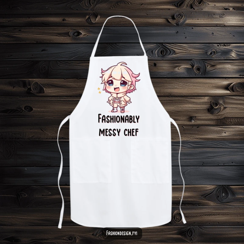 Funny Designer Apron: A giggling character sketches a wild outfit, perfect for keeping kitchen creations clean with a touch of fashion flair.