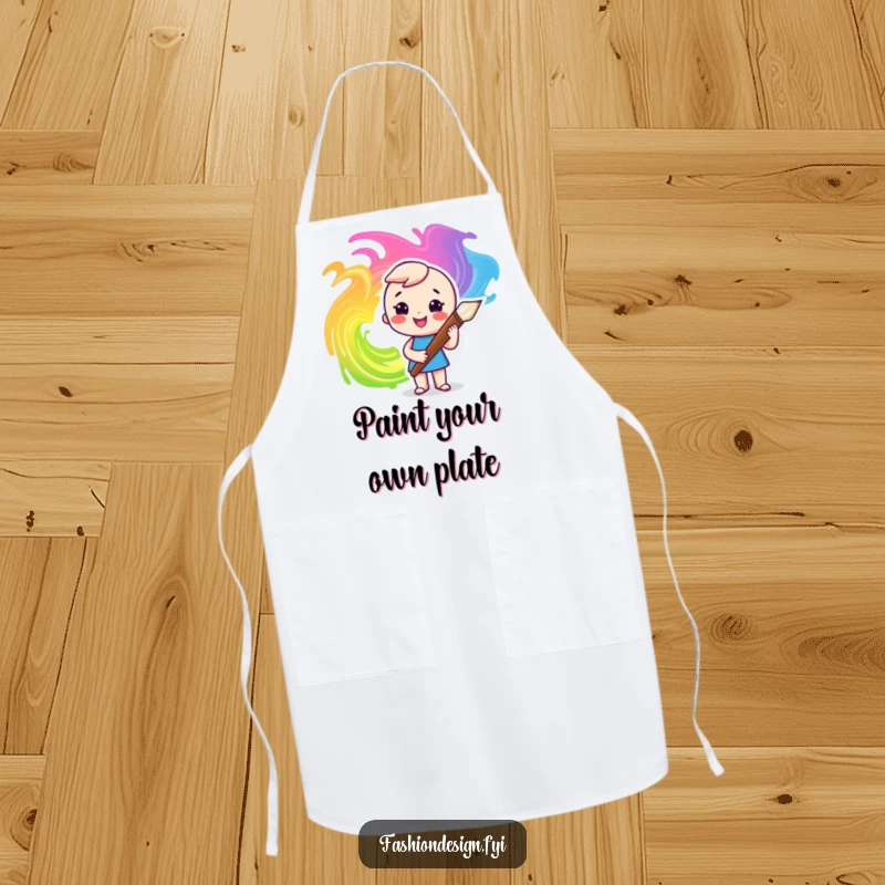 Funny apron with a character enthusiastically using a large paintbrush to create colorful swirls, perfect for artistic chefs.