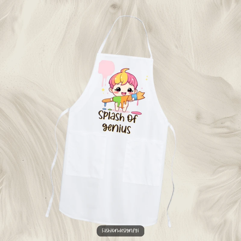 Funny Artist Rainbow Apron: A cute character holds a giant paintbrush dripping rainbow paint, a humorous and practical funny gift.