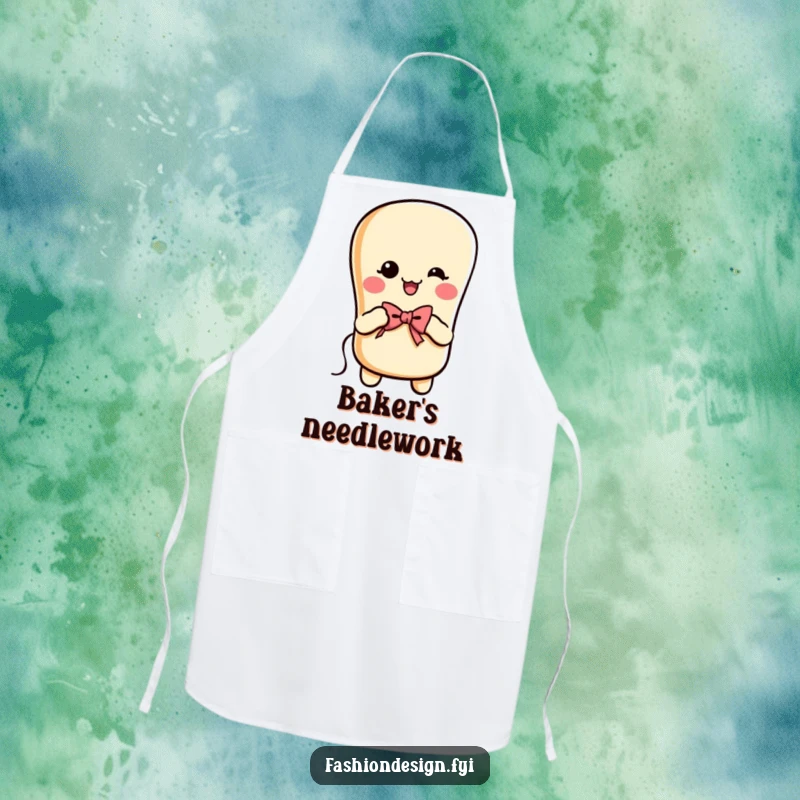 Funny cheerful baguette with arms, sewing a bow with needle and thread, kitchen apron, ideal funny gift.