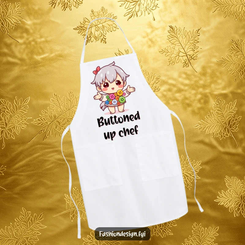 Funny apron with a design of a character arranging colorful buttons, suitable for crafting activities.