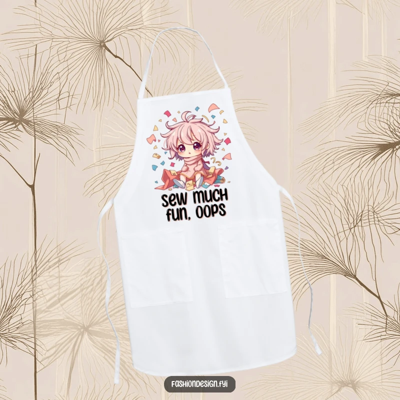 Funny apron depicting a character in creative chaos, surrounded by flying fabric scraps; a humorous and practical accessory for sewers.