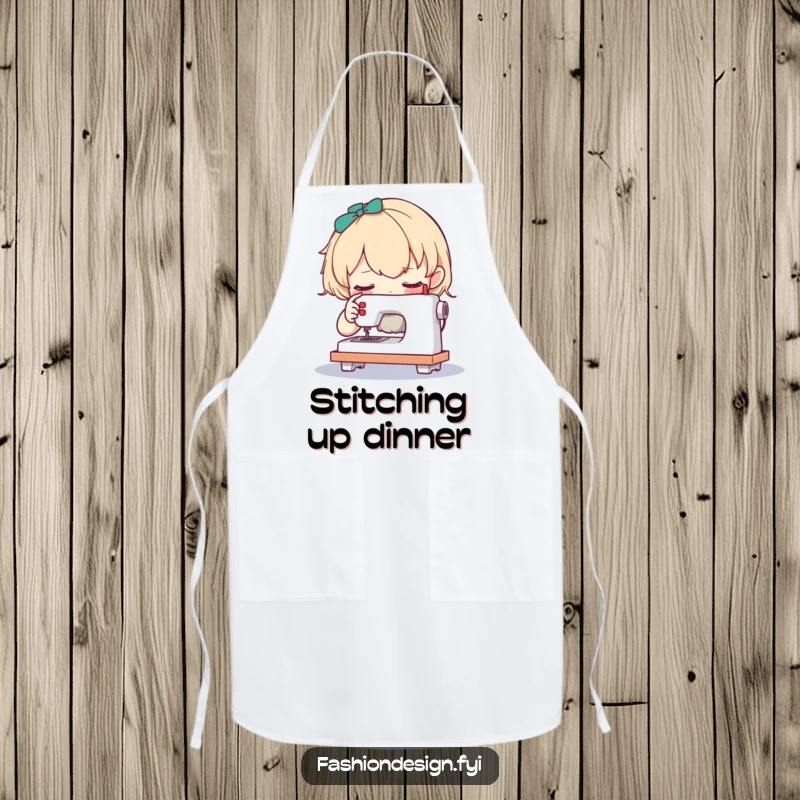 Funny apron of a curious character examining a tiny sewing machine, ideal for detailed culinary creations.