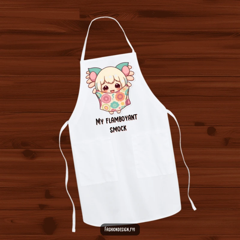 Funny apron with a delighted character holding up a piece of wildly patterned fabric, suitable for sewers.