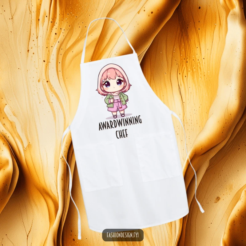 Funny apron designed for a proud character presenting their stunning finished fashion creation, perfect for creative kitchens.