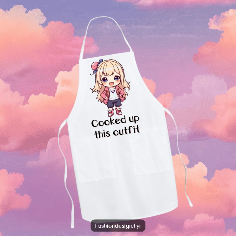 Funny apron with a joyful character posing confidently in a stylish, self-created outfit, perfect for fashion-forward chefs.