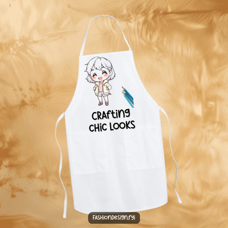Funny apron with a cheerful character sketching a fashion design, celebrating creativity and keeping messes at bay.