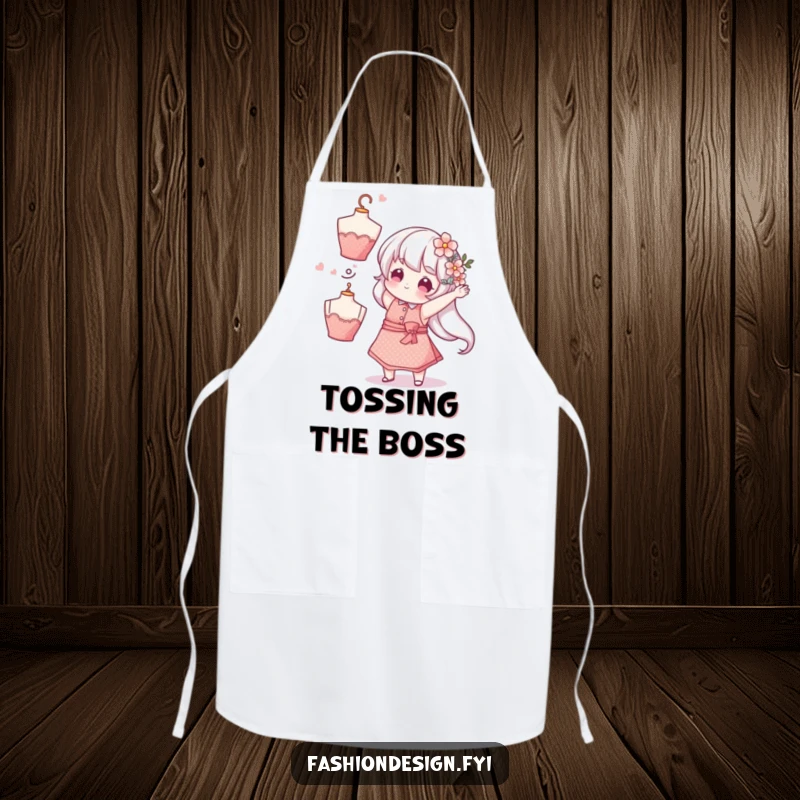 Funny Florist Sparkly Apron: A whimsical character playfully tosses a flower-adorned mannequin head, a humorous and practical funny gift.