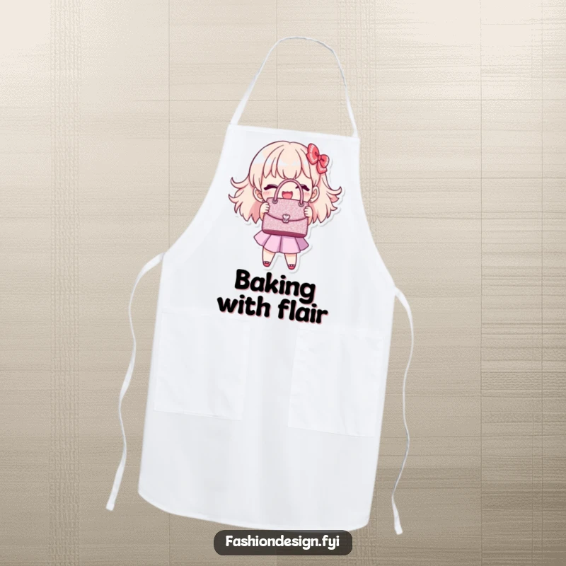 Funny handbag stitcher apron of a joyful character showing off a perfectly stitched, miniature, glittering handbag, great for crafters, funny gift.