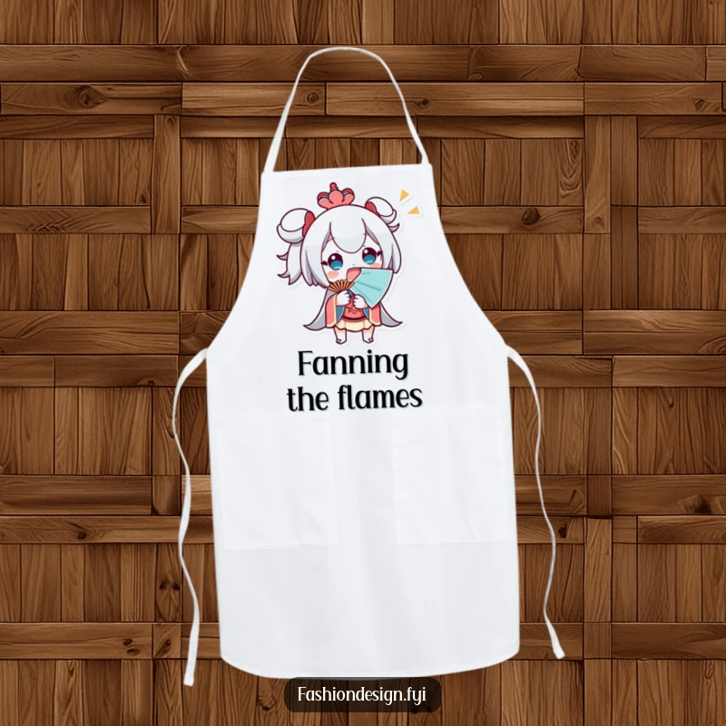 Funny Apron showing a surprised character fanning themselves with a large fan, perfect for hot kitchens or BBQs.