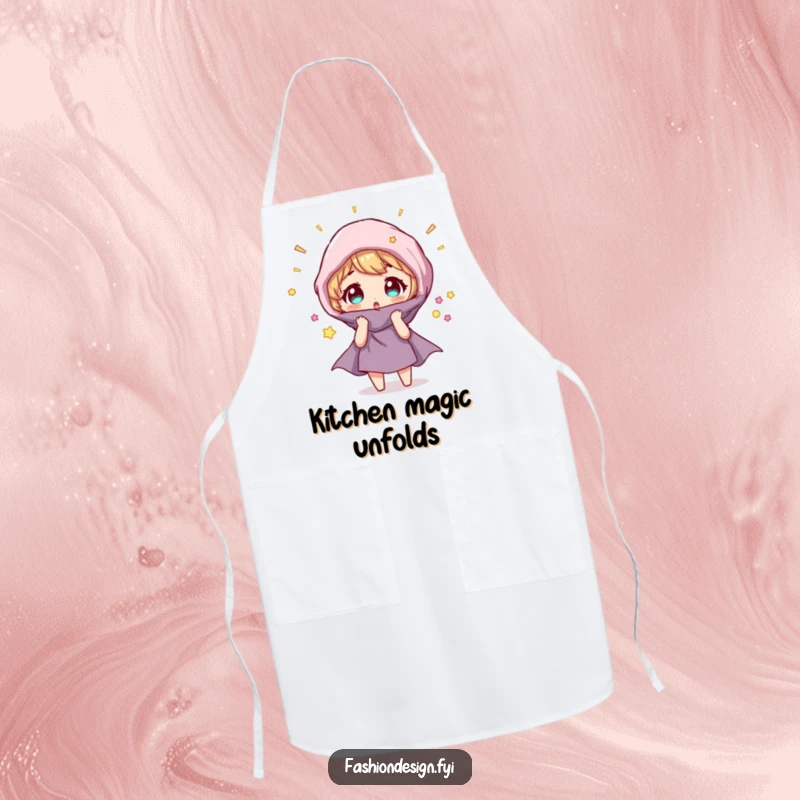 Funny Apron: Character looking surprised as a fabric swatch magically transforms, ideal for kitchen magic and flair.