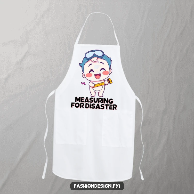 Funny apron featuring a happy character using a measuring tape, symbolizing focused excitement and precision in the kitchen.