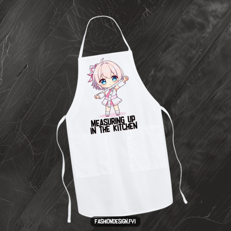 Funny apron depicting a character dramatically posing, wearing a measuring tape like a sash; a humorous and practical kitchen accessory.
