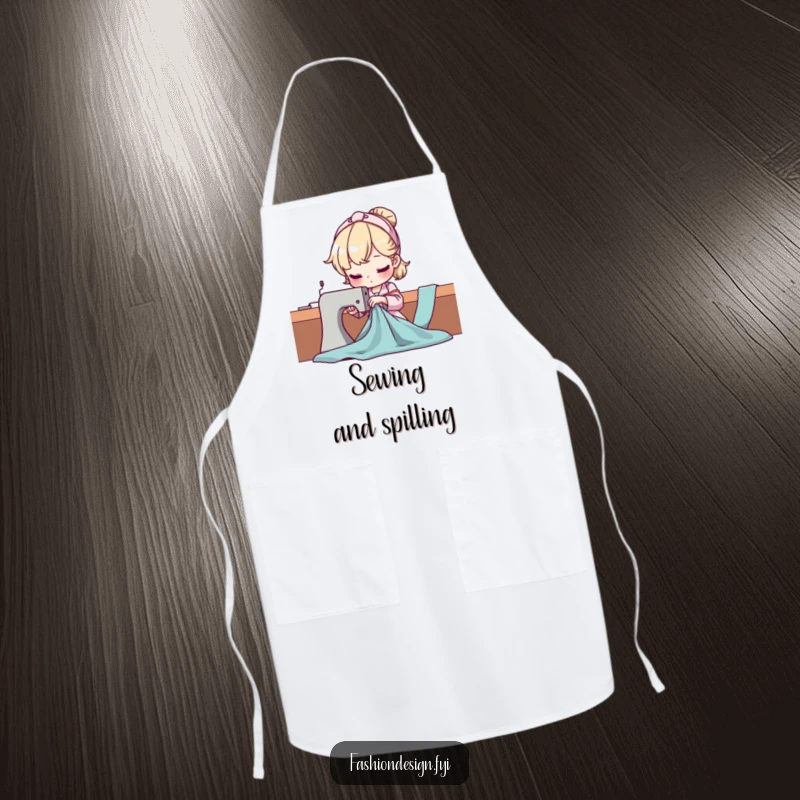 Funny Seamstress Apron showing a character expertly draping fabric, designed to keep clothes clean during sewing with a humorous touch.