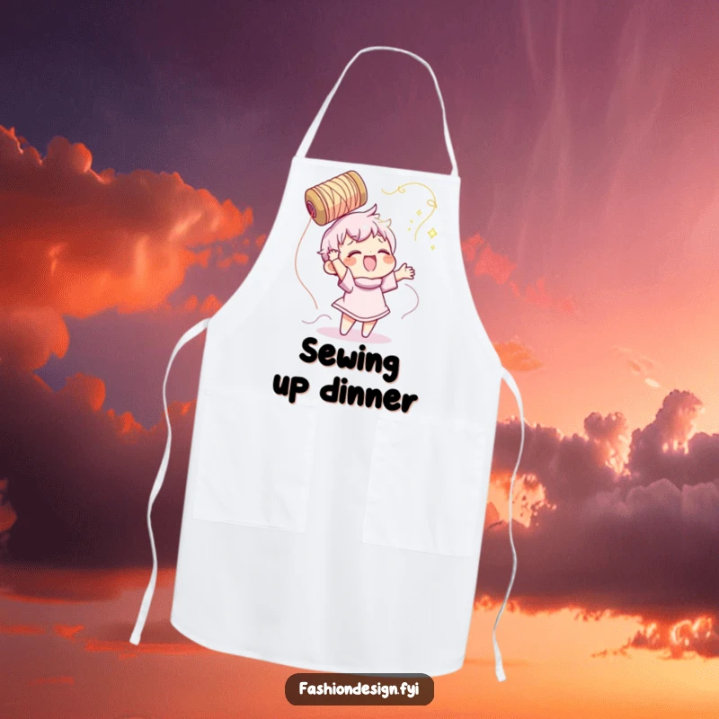 Funny apron displaying a character gleefully tossing a spool of shimmering thread, perfect for creative sewing sessions.