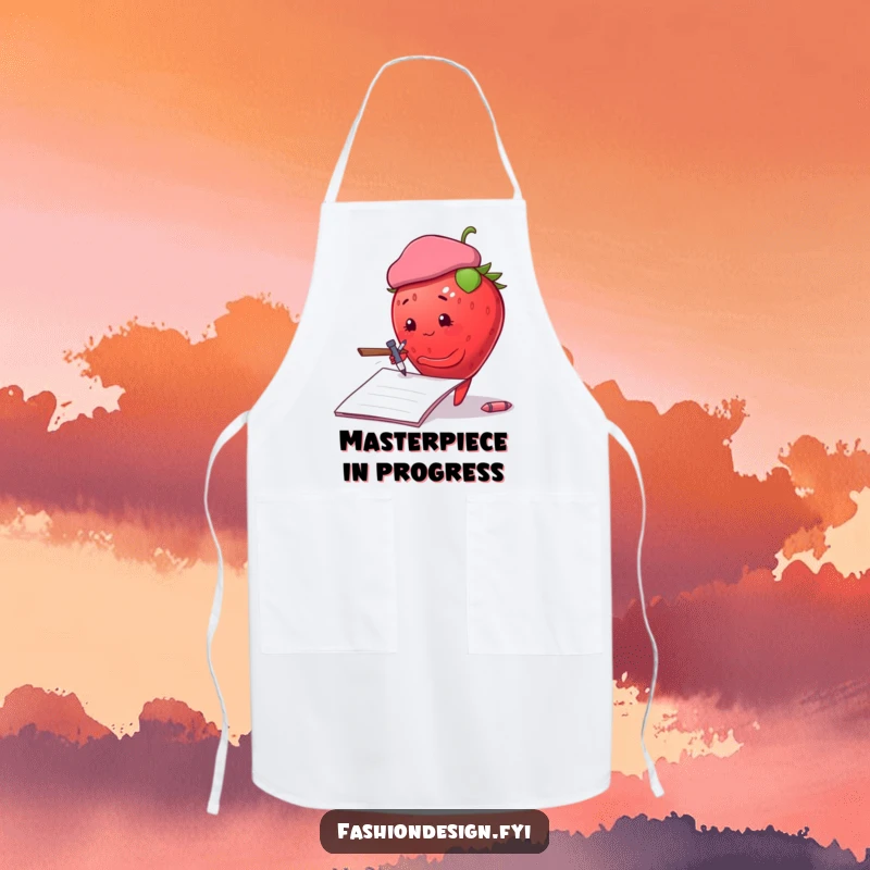 Funny plump strawberry wearing a beret, sketching on a notepad, kitchen apron, ideal funny gift.
