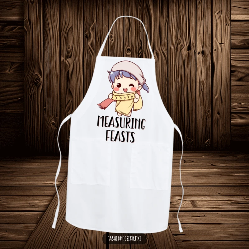 Funny apron with a design of a character measuring a very long scarf, suitable for sewing activities.