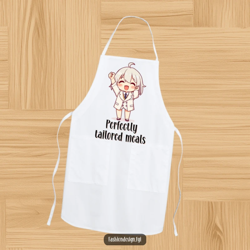 Funny apron displaying a triumphant character holding a perfectly tailored miniature garment, celebrating sewing mastery.