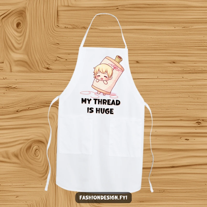 Funny apron of a cute character adorably battling a gigantic spool of thread, perfect for messy creative tasks.