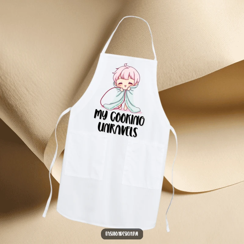 Funny apron depicting a character accidentally unraveling fabric while cooking. Humorous kitchen accessory and gift.