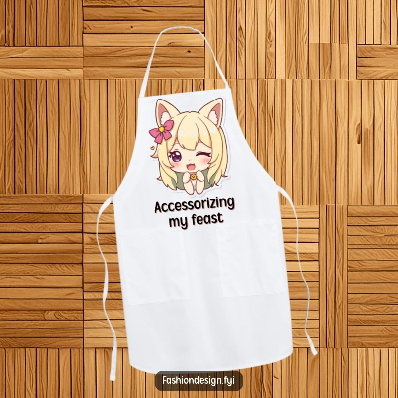 Funny apron showing a winking character adding a whimsical accessory, ideal for cooks and crafters who enjoy humor.