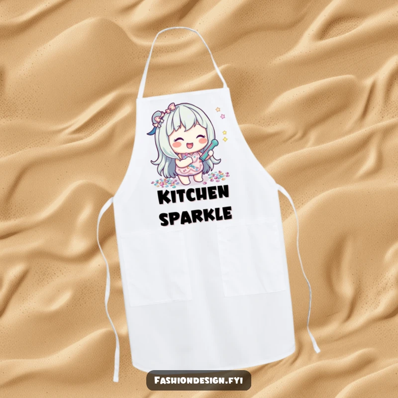 Funny apron showcasing a lighthearted character happily gluing sequins, adding a playful and protective element for crafters.