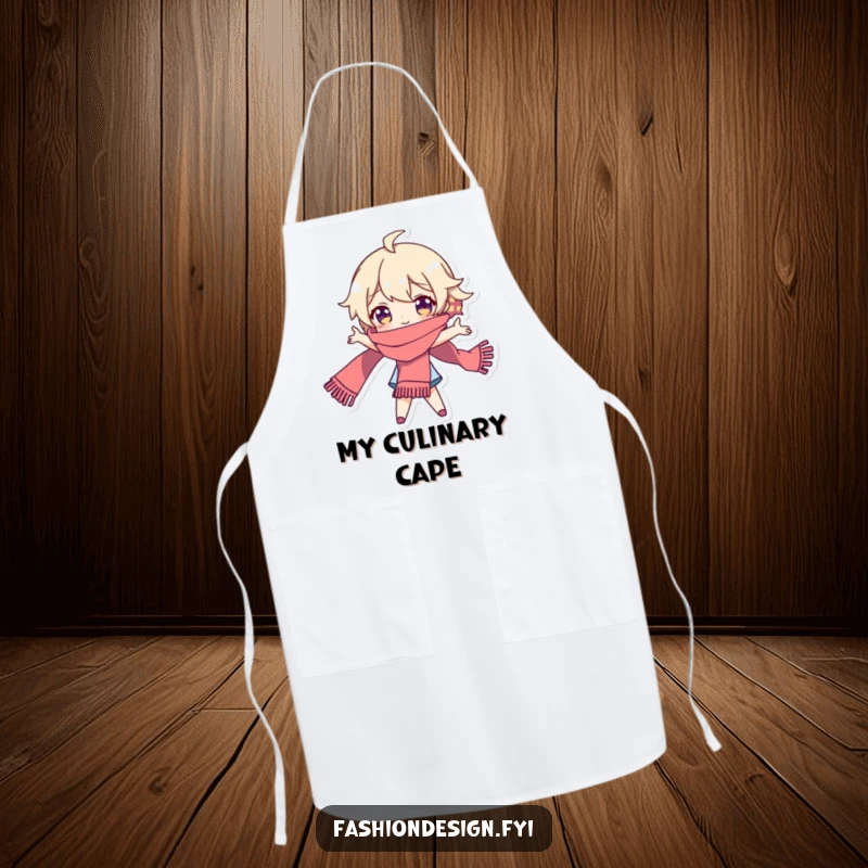 Funny apron with a playful character posing dramatically with a long scarf, adding theatrical flair to kitchen tasks.