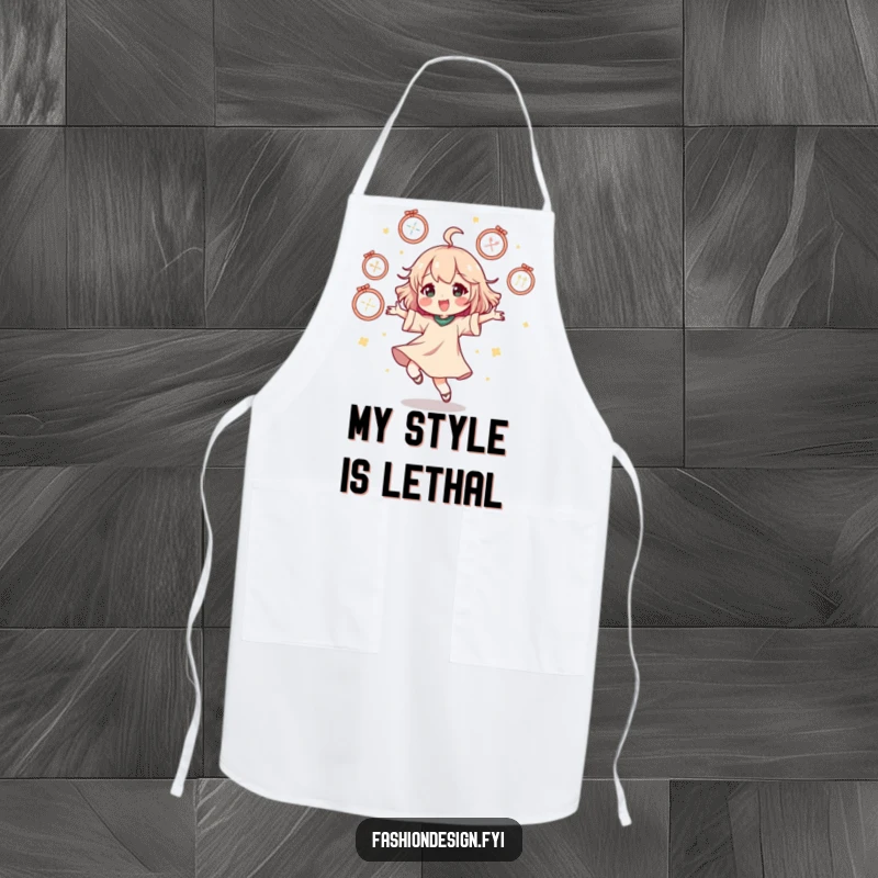 Funny apron of a character doing a happy dance surrounded by floating mannequins, for stylish culinary tasks.