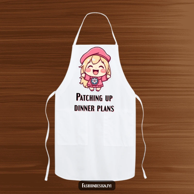 Funny apron with a joyful character in a beret, proudly displaying a beautifully embroidered patch, ideal for adding humor to cooking and baking.