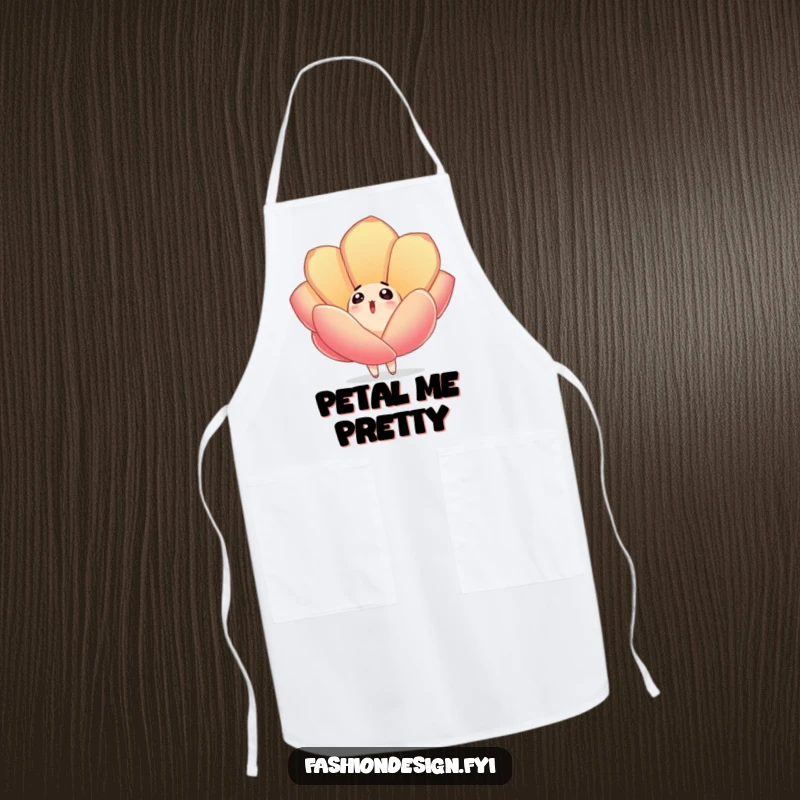 Funny apron depicting a surprised character looking up as a large, embroidered fabric petal drifts gently down, adding whimsical charm to kitchen wear.