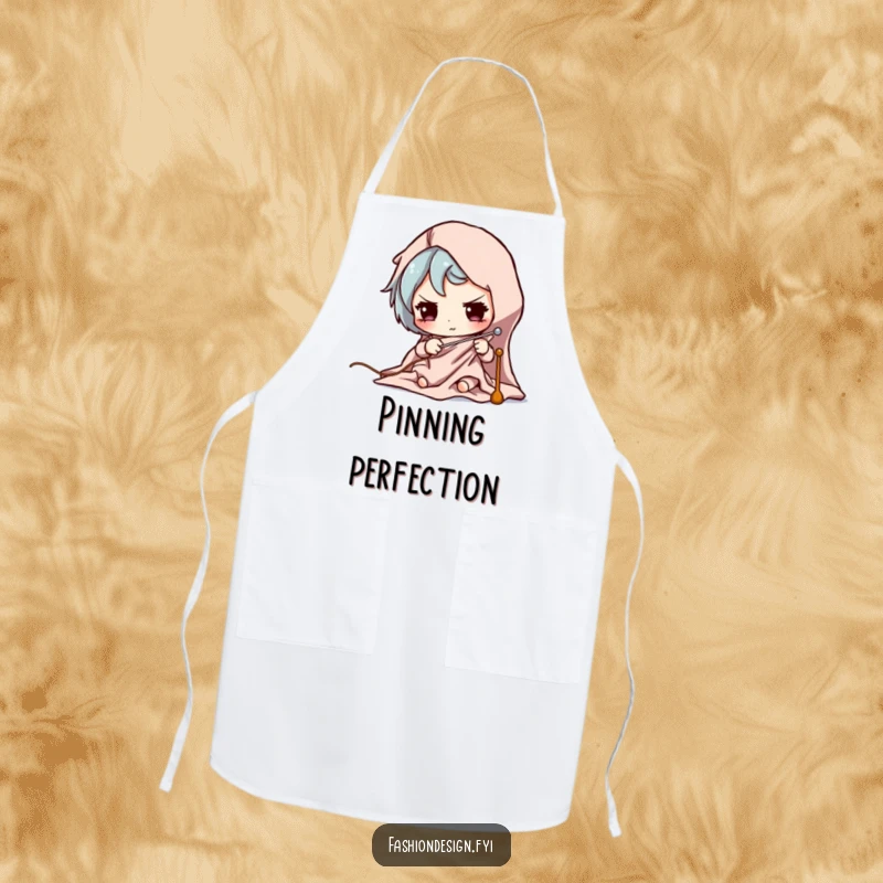 Funny apron with a design of a character concentrating on pinning fabric accurately, suitable for crafting.