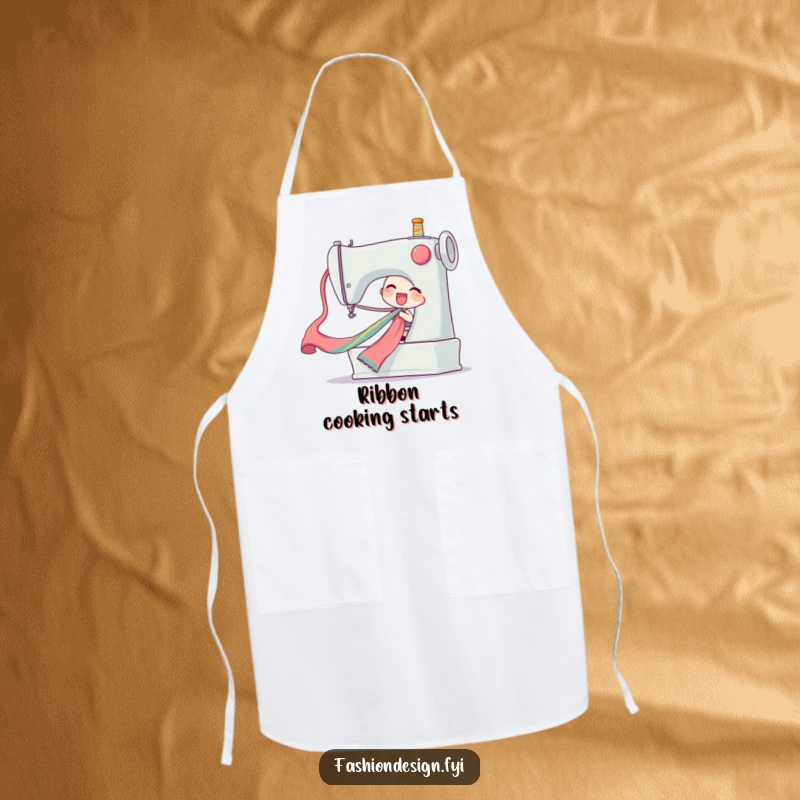 Funny ribbon pull apron of a delighted character pulling a long colorful silk ribbon from a giant sewing machine, great for sewers, funny gift.
