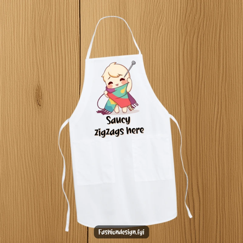 Funny zig-zag stitch apron of a playful character using a giant needle to create an exaggerated stitch on a vibrant scarf, great for bold creators, funny gift.