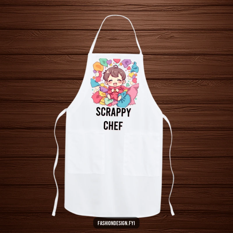 Funny apron illustration of a character giggling gleefully, adorned with colorful fabric scraps, ready for any creative culinary or crafting task.