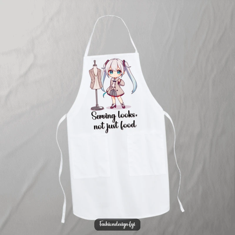 Funny apron showing a character striking a dramatic pose next to a mannequin, perfect for a humorous and artistic chef.