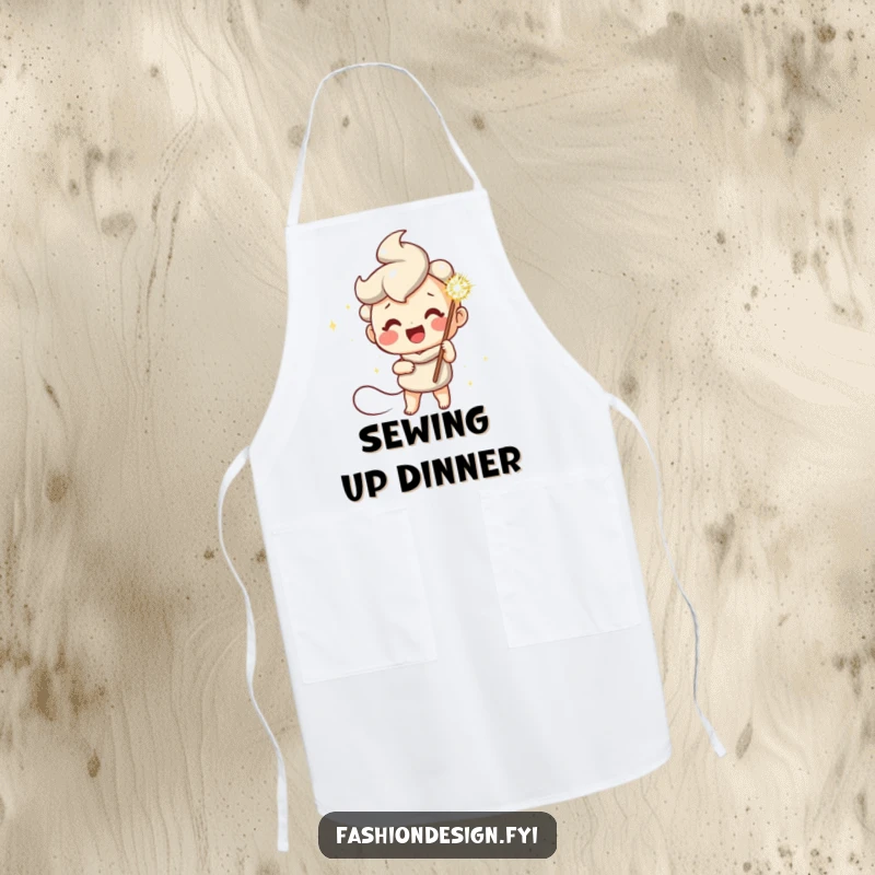 Funny apron showcasing a cheerful character holding a giant sparkly needle, adding whimsical flair to sewing activities.