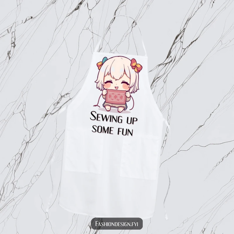Funny apron depicting a character with a delighted expression, admiring a delicate stitch, ideal for a meticulous crafter.