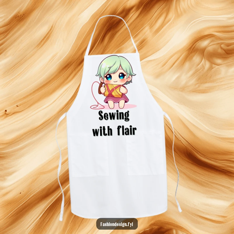 Funny Thread Spool Apron: Cute character smiling with a spool of thread unraveling, perfect for a humorous and creative crafting apron.