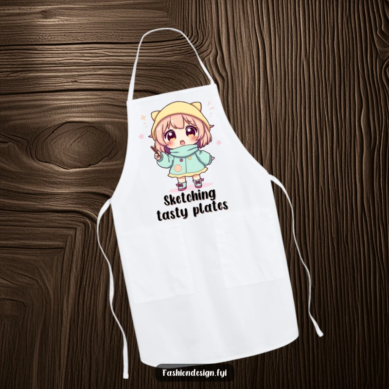 Funny apron showing an excited character sketching a creative and whimsical outfit, perfect for design enthusiasts.