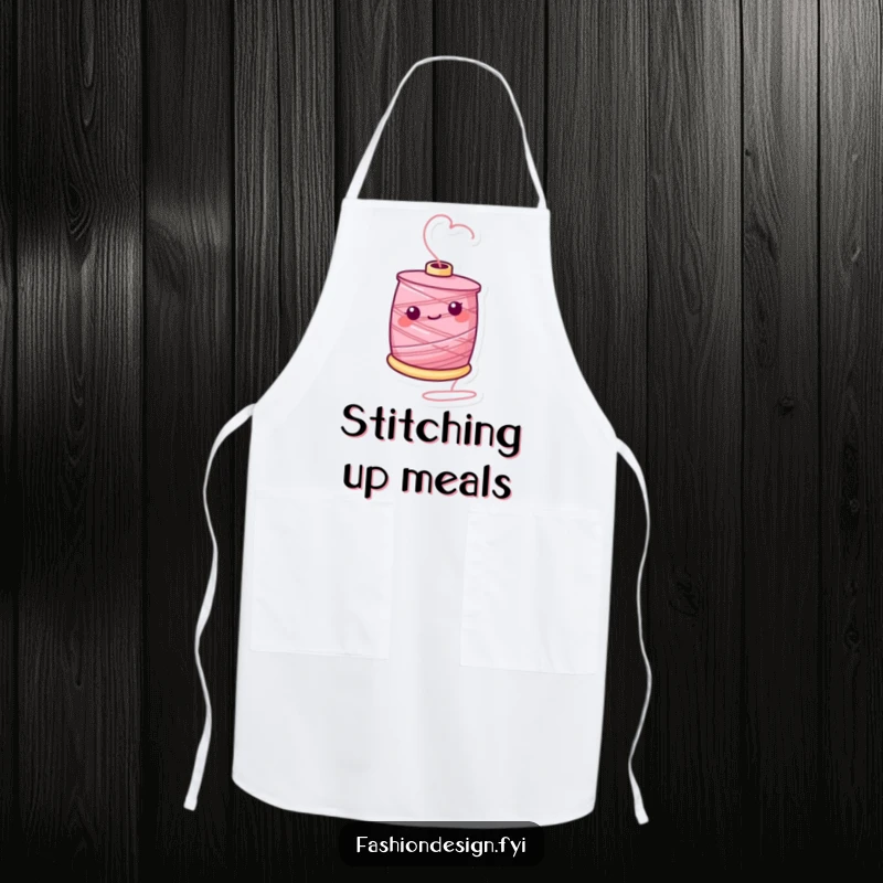 Funny apron showcasing a cheerful spool of thread twirling, adding a playful and functional element for crafters.