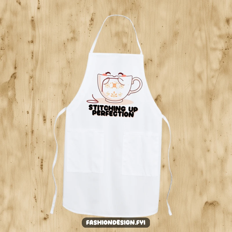 Funny teacup apron, cheerfully embroidering a pattern, protecting clothes while crafting, stylish and humorous.
