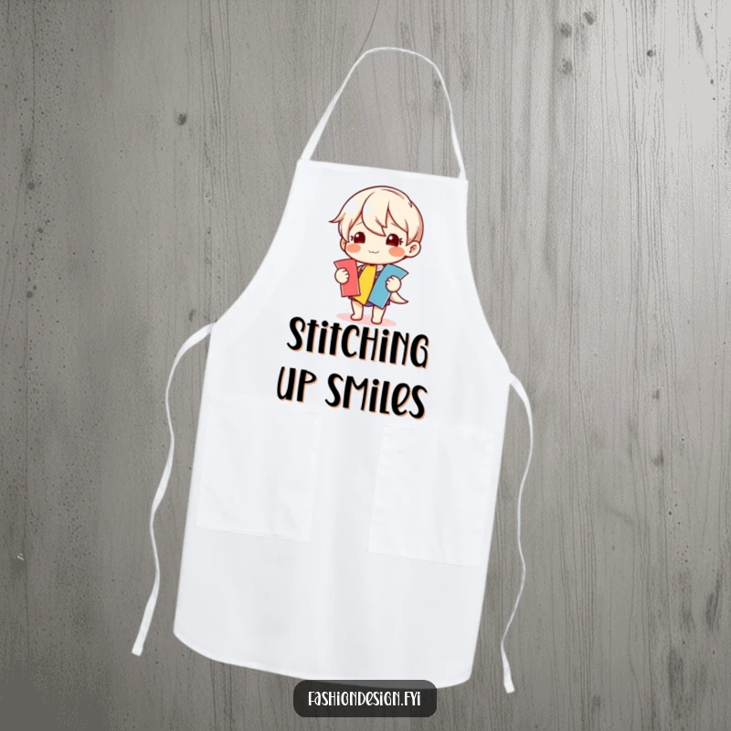 Funny apron featuring a happy character selecting colorful fabric swatches, perfect for creatives who enjoy playful work.